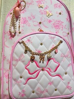 Pink Floral Quilted Bow Charm Backpack